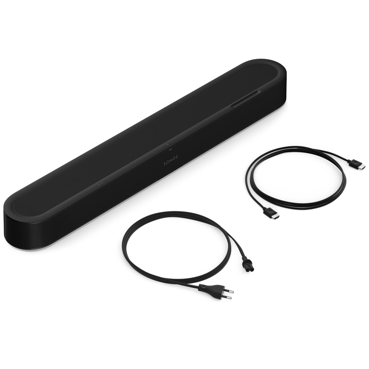 Sonos Beam Ultra kutu içeriği: siyah soundbar, güç kablosu ve HDMI kablosu